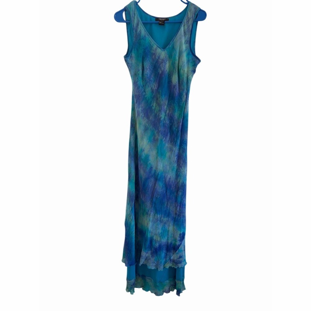 Karen Kane Lifestyle Dress Womens Size L Blue Green Tie-Dye Maxi V-Neck